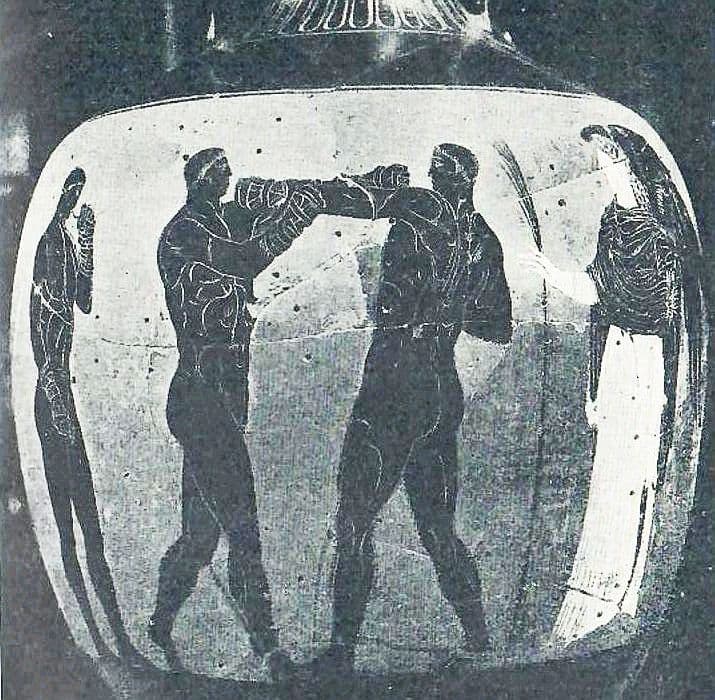 Escena de boxeo en una ánfora panatenaica de la Antigua Grecia