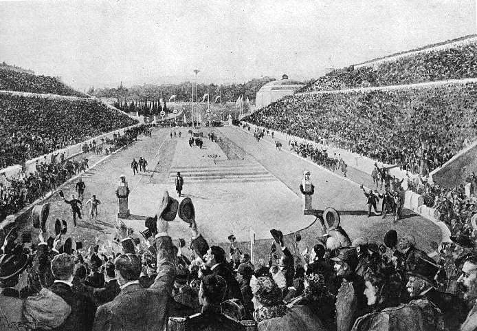Spyridon Louis entrando al Estadio Panathinaikó al final del maratón de Atenas 1896